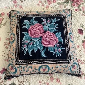 vintage rose needlepoint pillow 12x12